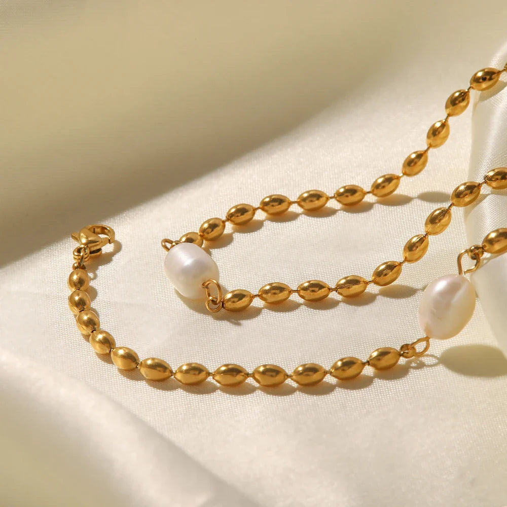 Youthway natural de água doce pérola pulseira colar conjunto aço inoxidável pvd banhado a ouro 18k jóias à prova dwaterproof água para mulher