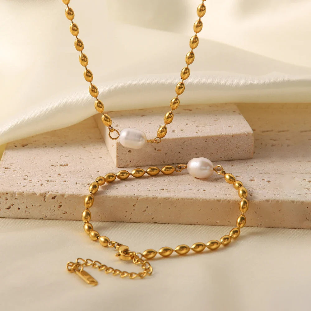 Youthway natural de água doce pérola pulseira colar conjunto aço inoxidável pvd banhado a ouro 18k jóias à prova dwaterproof água para mulher