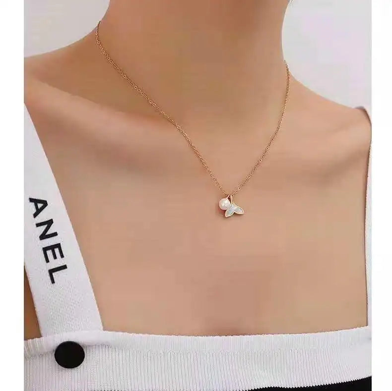 Tarnish Free Shell Mermaid Tail Pearl Colar Pingente para Mulheres e Meninas, Gargantilha de Aço Inoxidável, Presentes Jóias