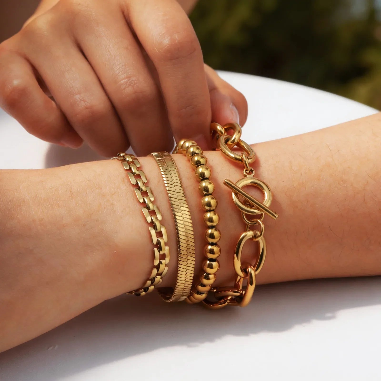 Pulseira de Aço Inoxidável, Corrente Grossa com Fecho T, Bracelete de Malha Oval com Contas, Joia Feminina à Prova d'Água de Camada Única