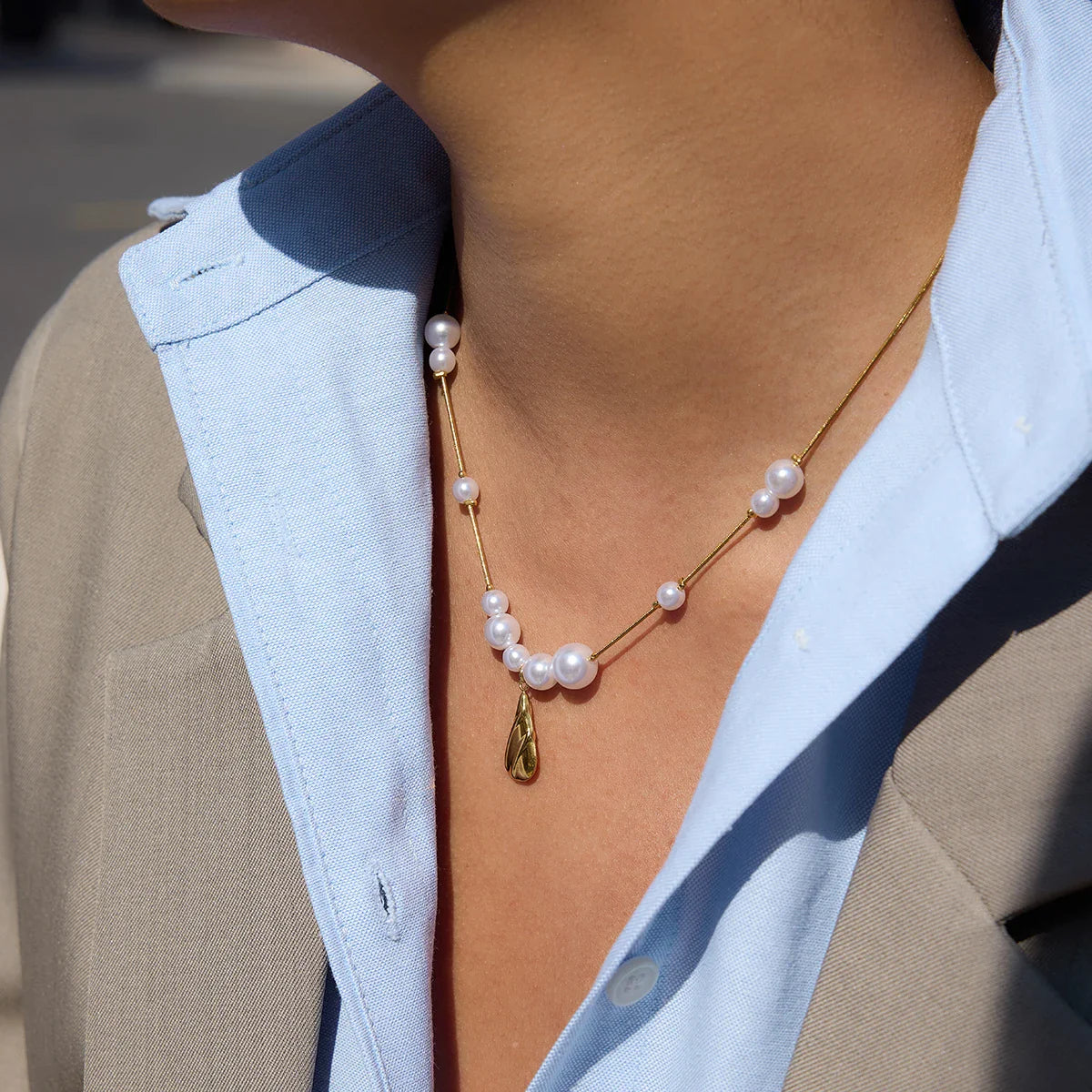 Youthway gota de água pingente imitação pérola colar para mulher 18k banhado a ouro colar de aço inoxidável simples moda jóias