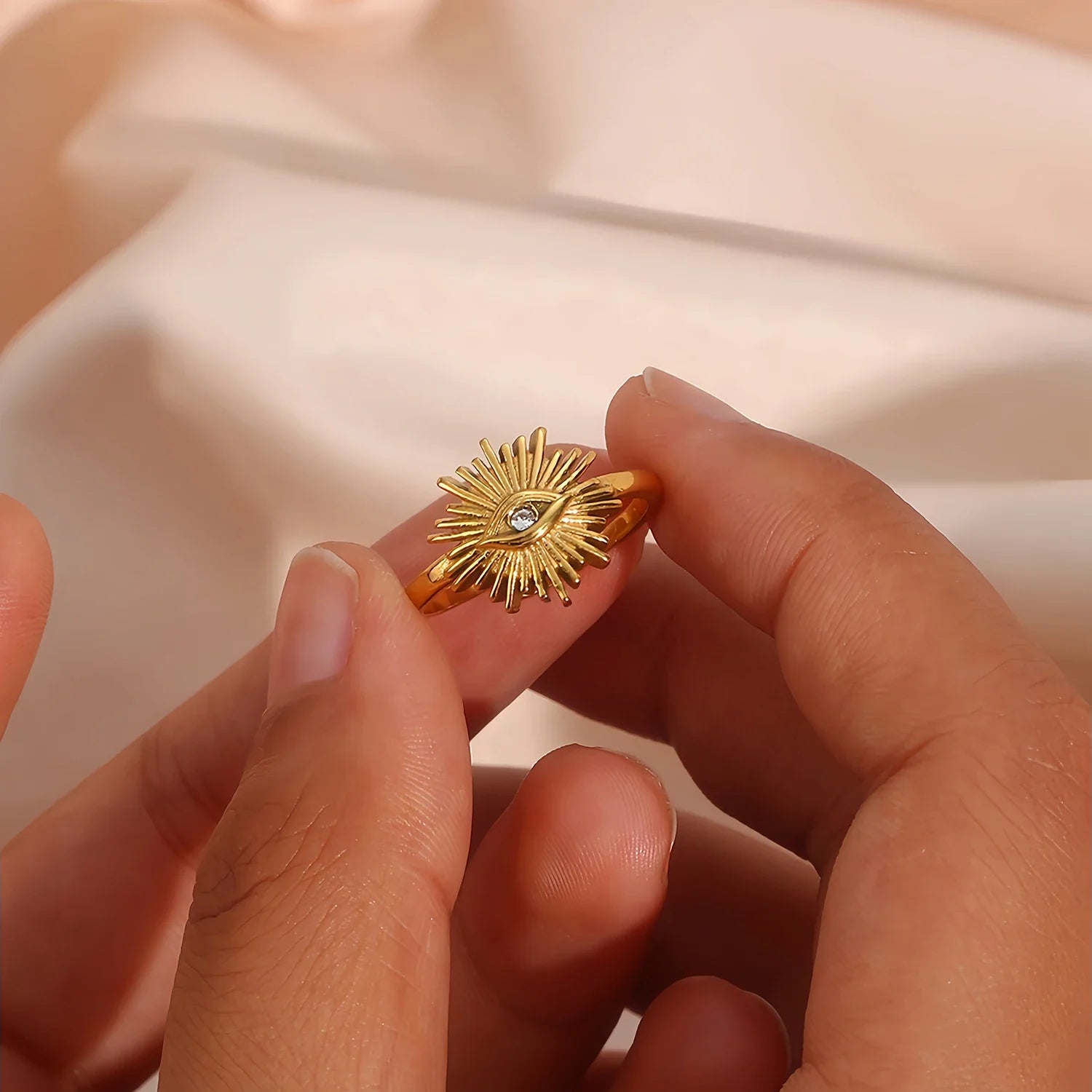 Anel de olho do diabo com abertura ajustável em aço inoxidável incrustado com zircão banhado a ouro 18K, joias de anel personalizadas
