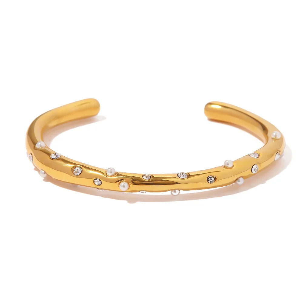 Youthway aço inoxidável pérola zircônia cúbico pulseira geométrica aberto manguito pulseira textura minimalista personalizado jóias