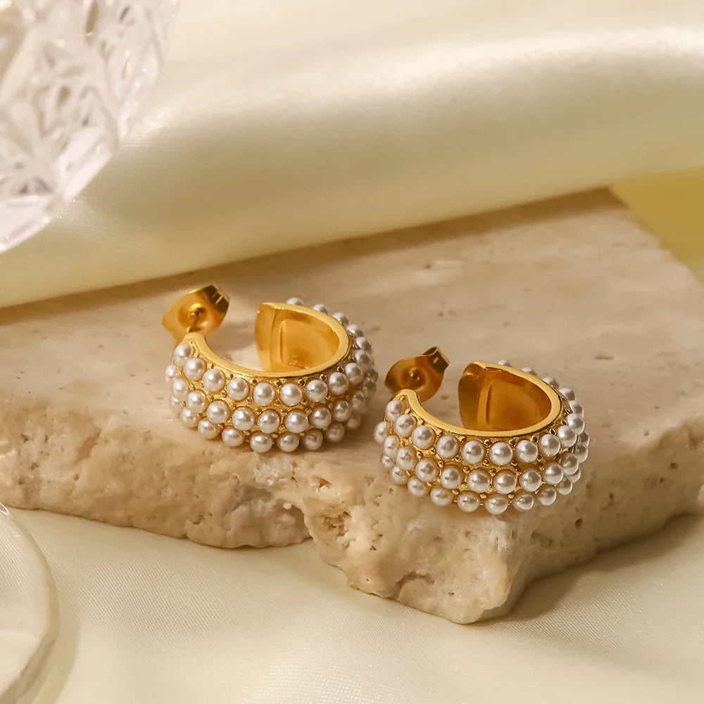 Youthway elegante imitação de pérolas brincos de aço inoxidável geométrico ouro 18k pvd banhado à prova dtrendy água jóias na moda