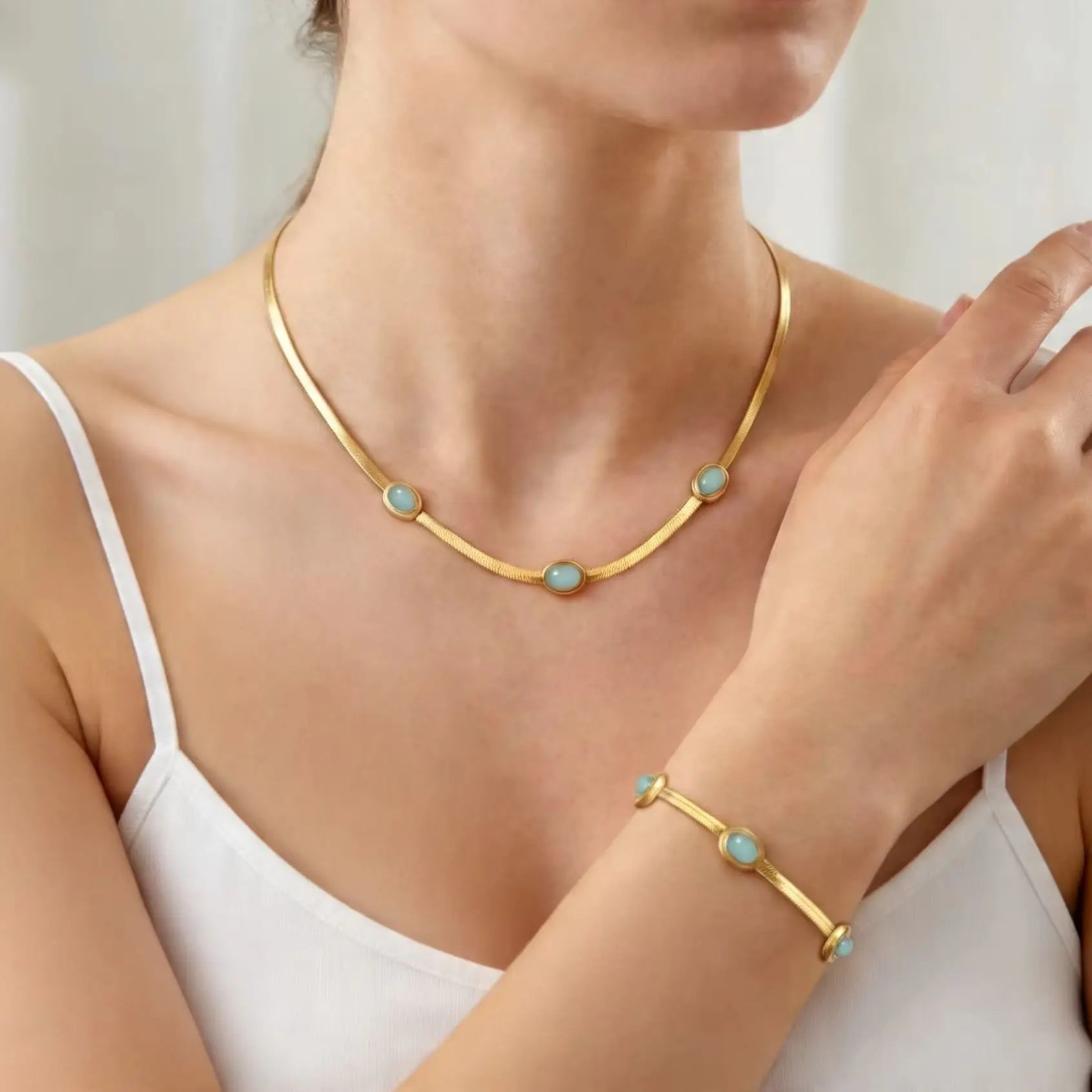 Colar e Pulseira de Aço Inoxidável com Pingente de Pedra Natural para Mulheres, Novo Conjunto de Joias à Prova d'Água da Moda, Presente