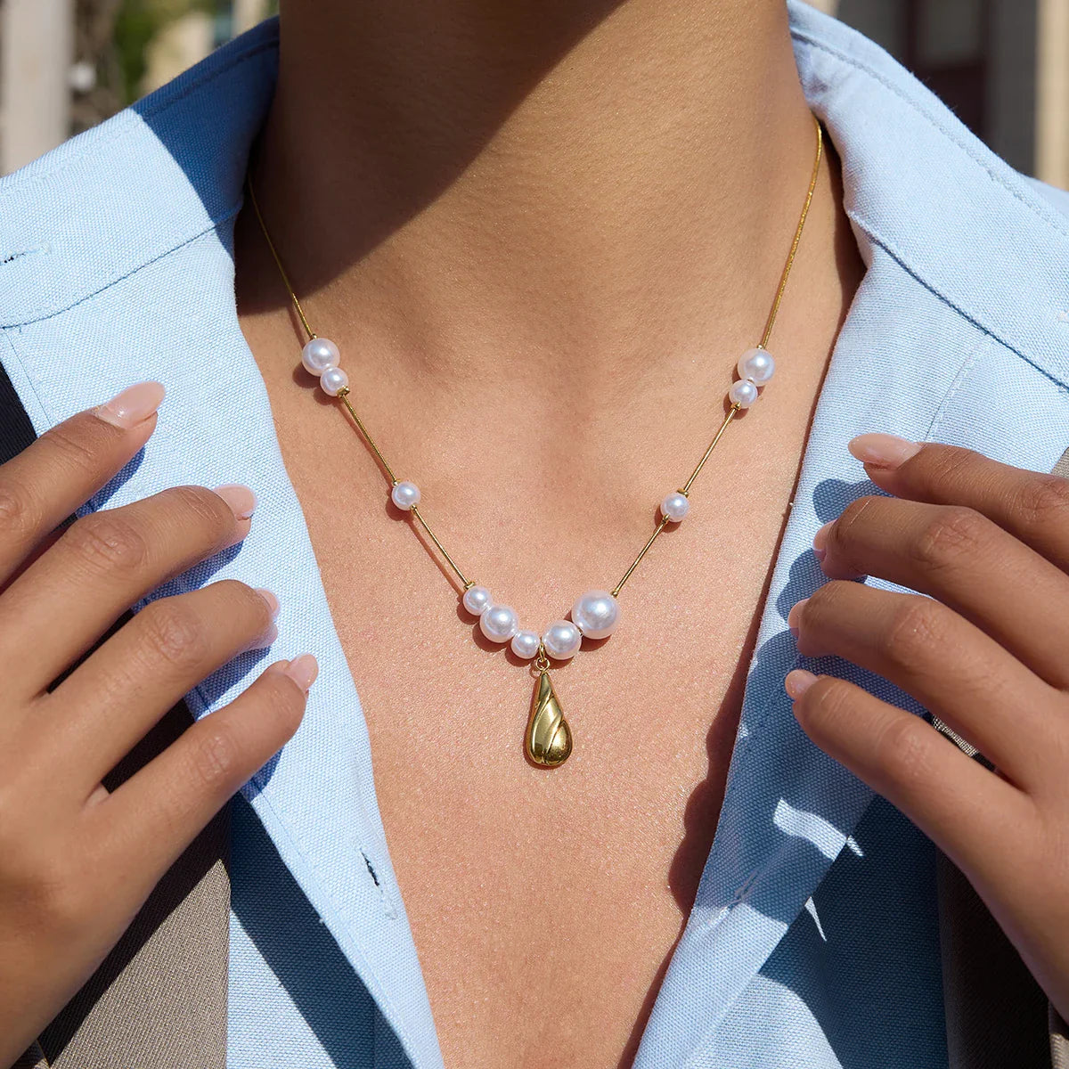 Youthway gota de água pingente imitação pérola colar para mulher 18k banhado a ouro colar de aço inoxidável simples moda jóias