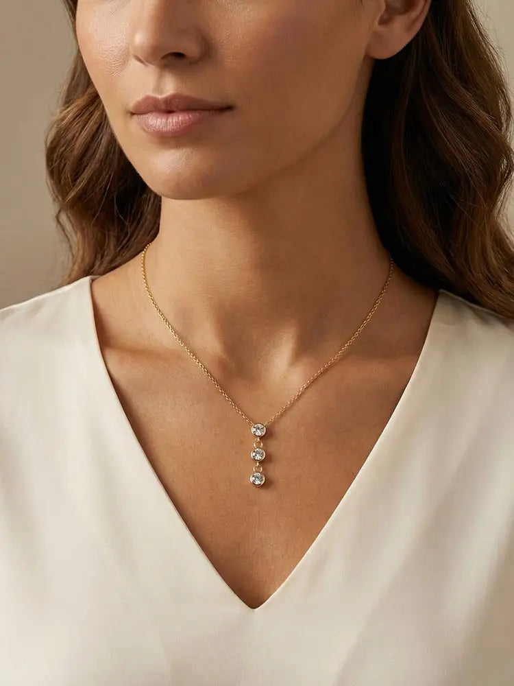 Colar de Pingente de Aço Inoxidável com Três Zircônias, Joias Femininas Brilhantes com Zircônia Cubica AAA, Presente para Festas e Uso Diário