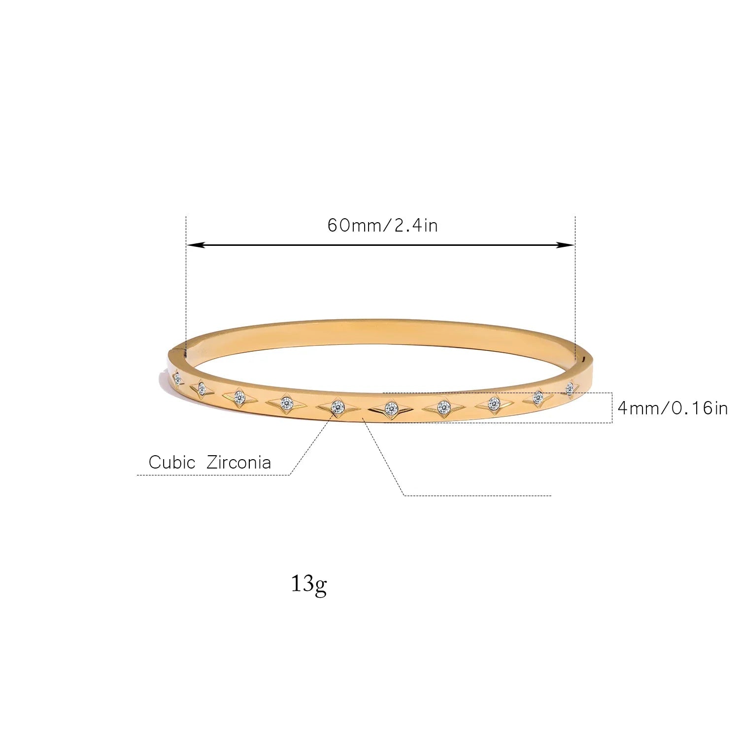 Pulseira de aço inoxidável com acabamento polido, banhada a ouro 18K com zircônias, para mulheres, à prova d'água, hipoalergênica, joia fashion.