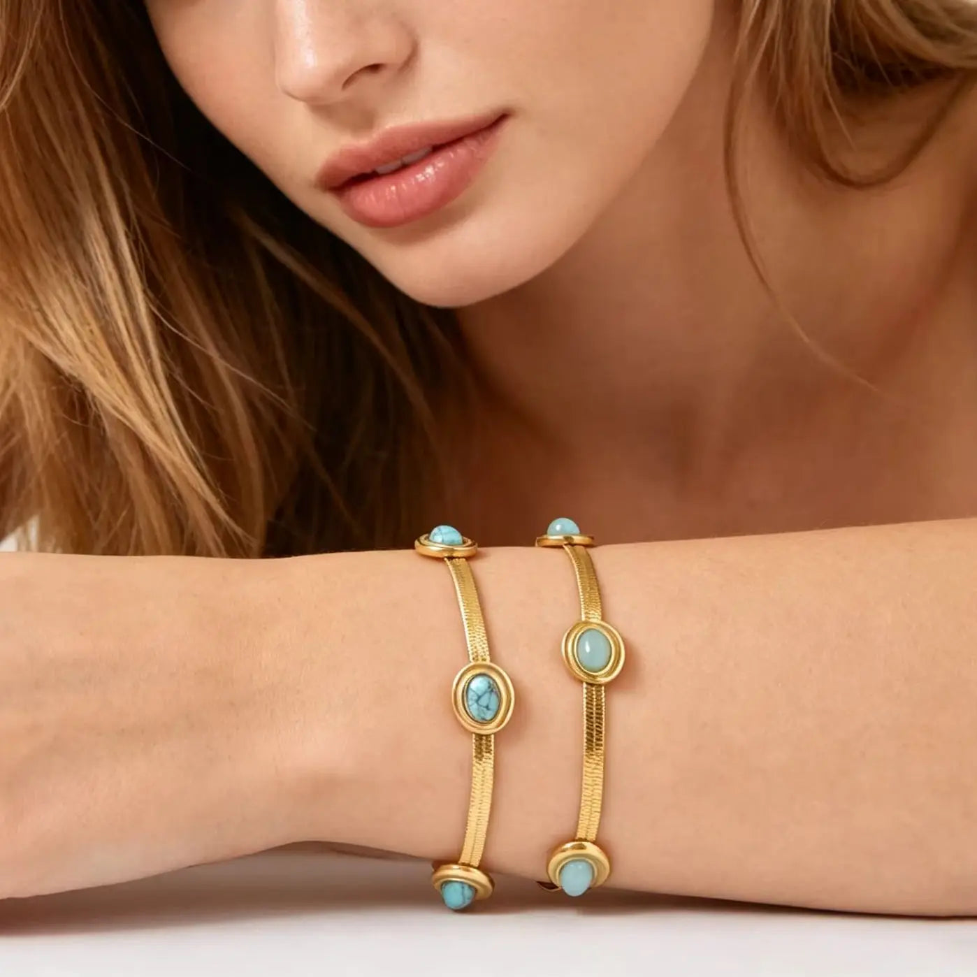 Colar e Pulseira de Aço Inoxidável com Pingente de Pedra Natural para Mulheres, Novo Conjunto de Joias à Prova d'Água da Moda, Presente