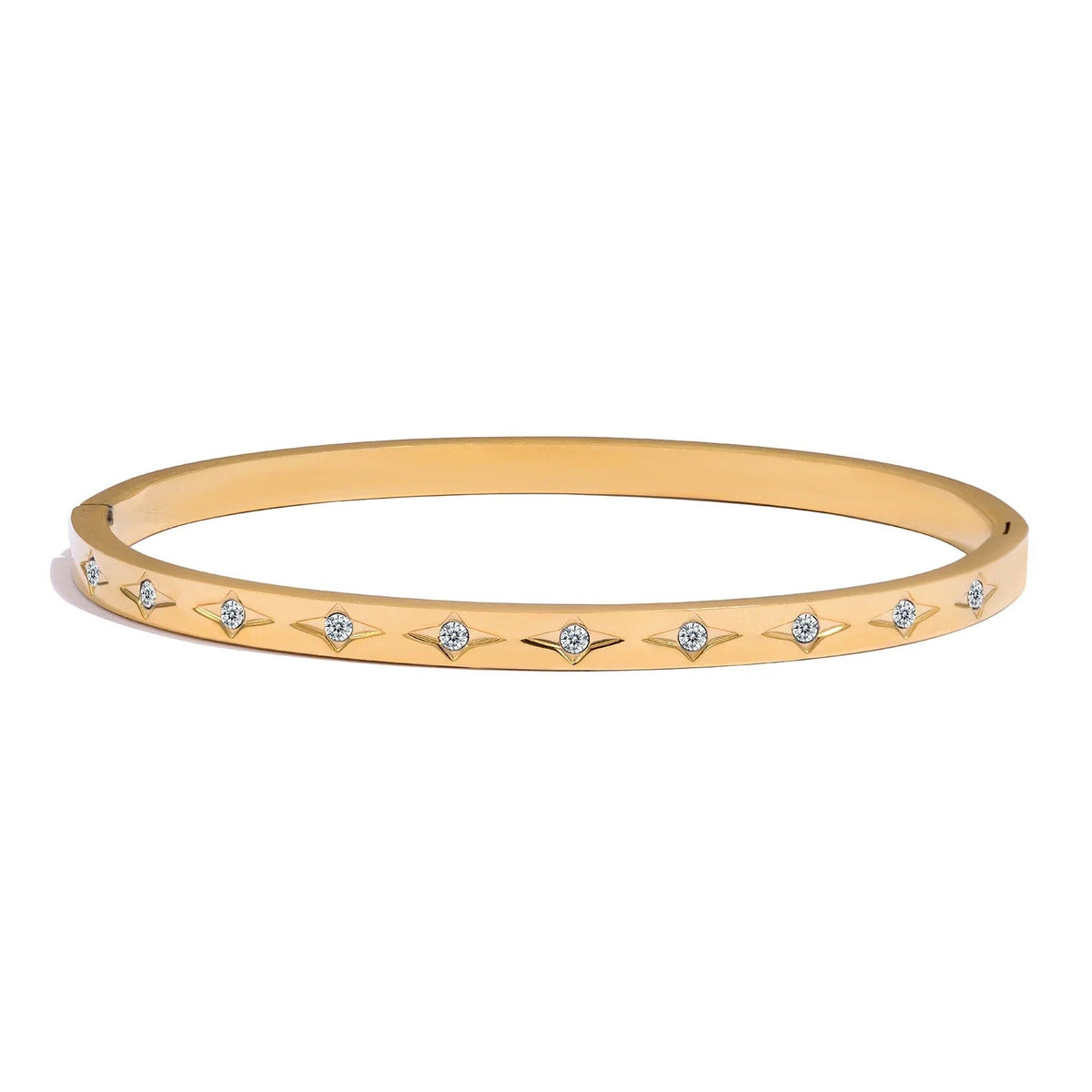 Pulseira de aço inoxidável com acabamento polido, banhada a ouro 18K com zircônias, para mulheres, à prova d'água, hipoalergênica, joia fashion.