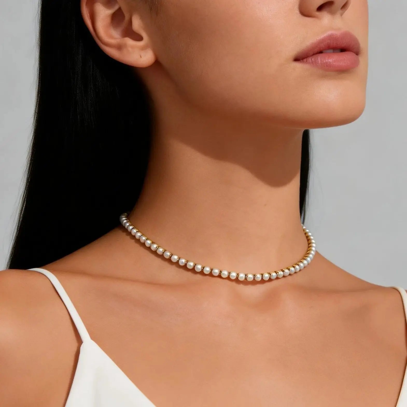 Conjunto de Joias Femininas com Colar e Pulseiras de Pérolas Imitadas, Aço Inoxidável Banhado a Ouro 18K, Presente Elegante e Moderno
