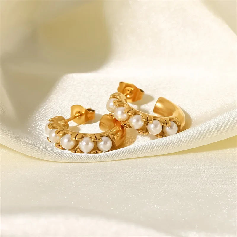 Youthway aço inoxidável pérolas em forma de c orelha studs 18k pvd banhado a ouro manchar livre texturizado occident jóias feminino presente 2022