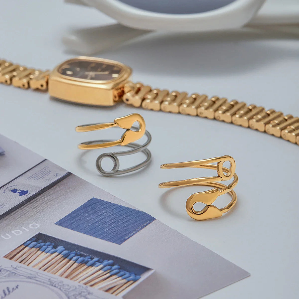 Youthway nova chegada minimalista de aço inoxidável metal clipe de papel dupla camada oco anéis para mulheres moda jóias