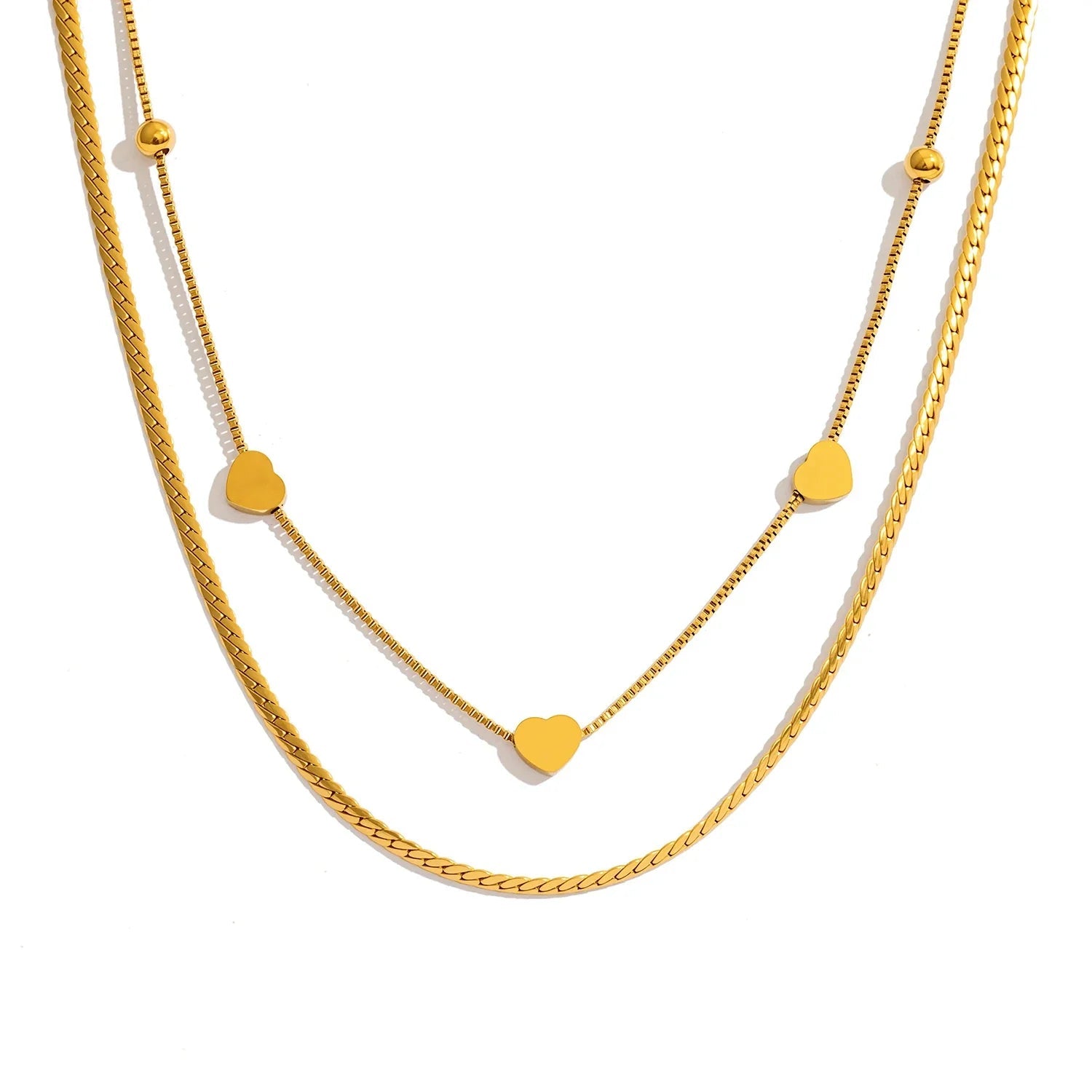 Colar de camada dupla pulseira corrente de cobra com 3 pingentes de coração, joias empilháveis de aço inoxidável banhado a ouro 18K para mulheres