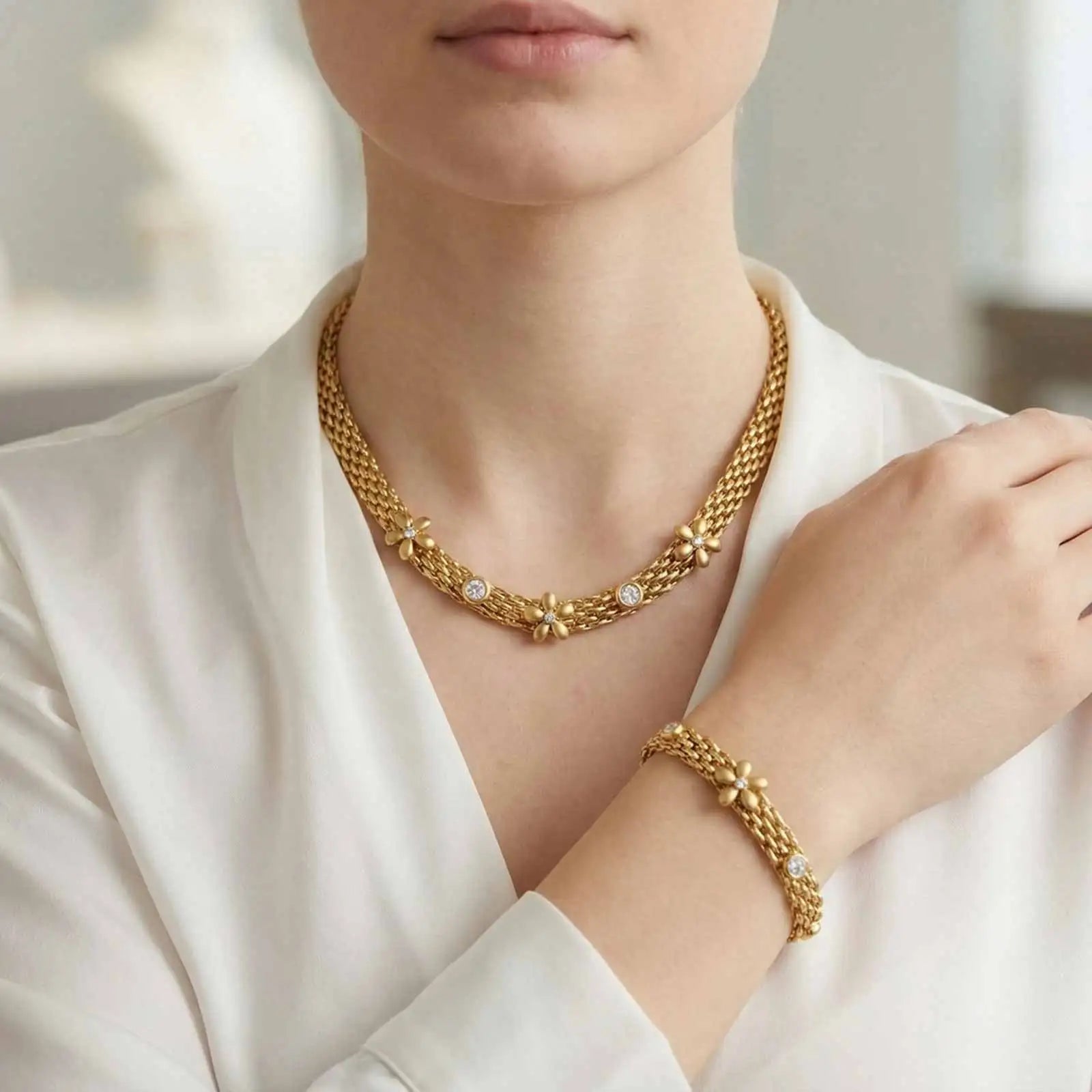Colar de Corrente de Malha para Mulheres, Colar Choker de Flor Margarida com Zircônia Branca, Joia de Aço Inoxidável Anti-Manchas