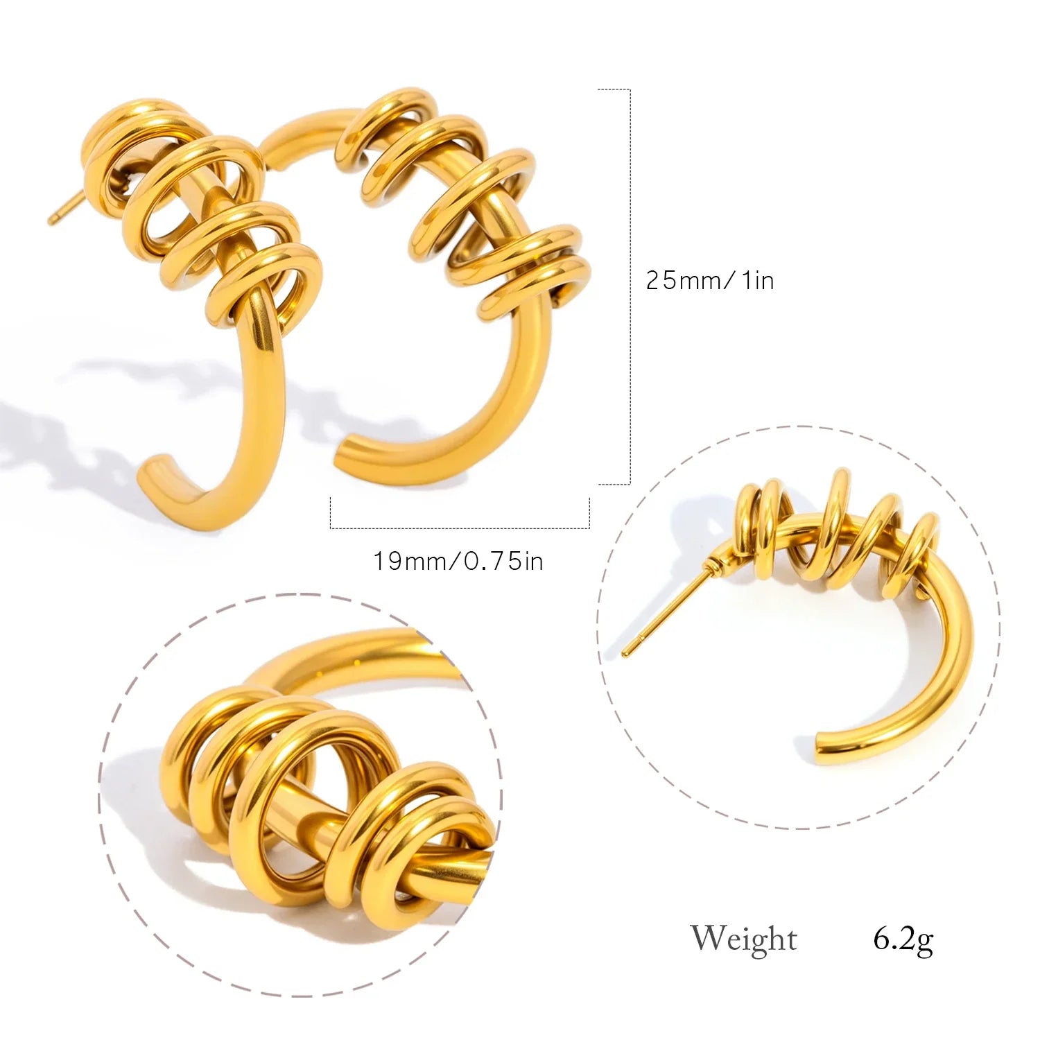 Brincos femininos de meio argola com torção em espiral – aço inoxidável hipoalergênico banhado a ouro 18K, joias leves para orelha e ajuste confortável