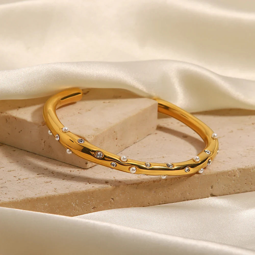 Youthway aço inoxidável pérola zircônia cúbico pulseira geométrica aberto manguito pulseira textura minimalista personalizado jóias