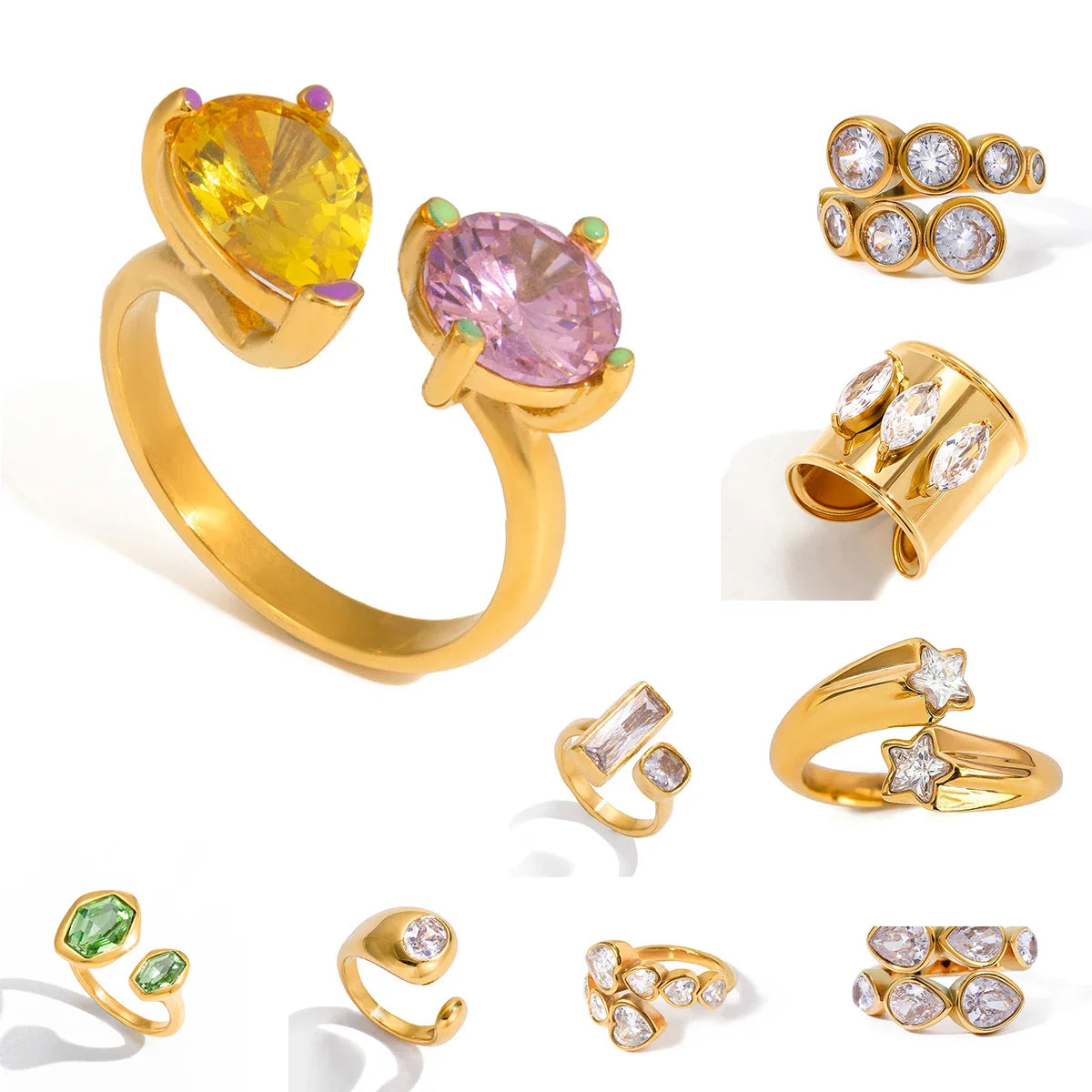 Youthway Anéis delicados de zircônia geométrica para mulheres, minimalistas, banhados a ouro 18k, anéis de aço inoxidável, joias da moda, presente para meninas