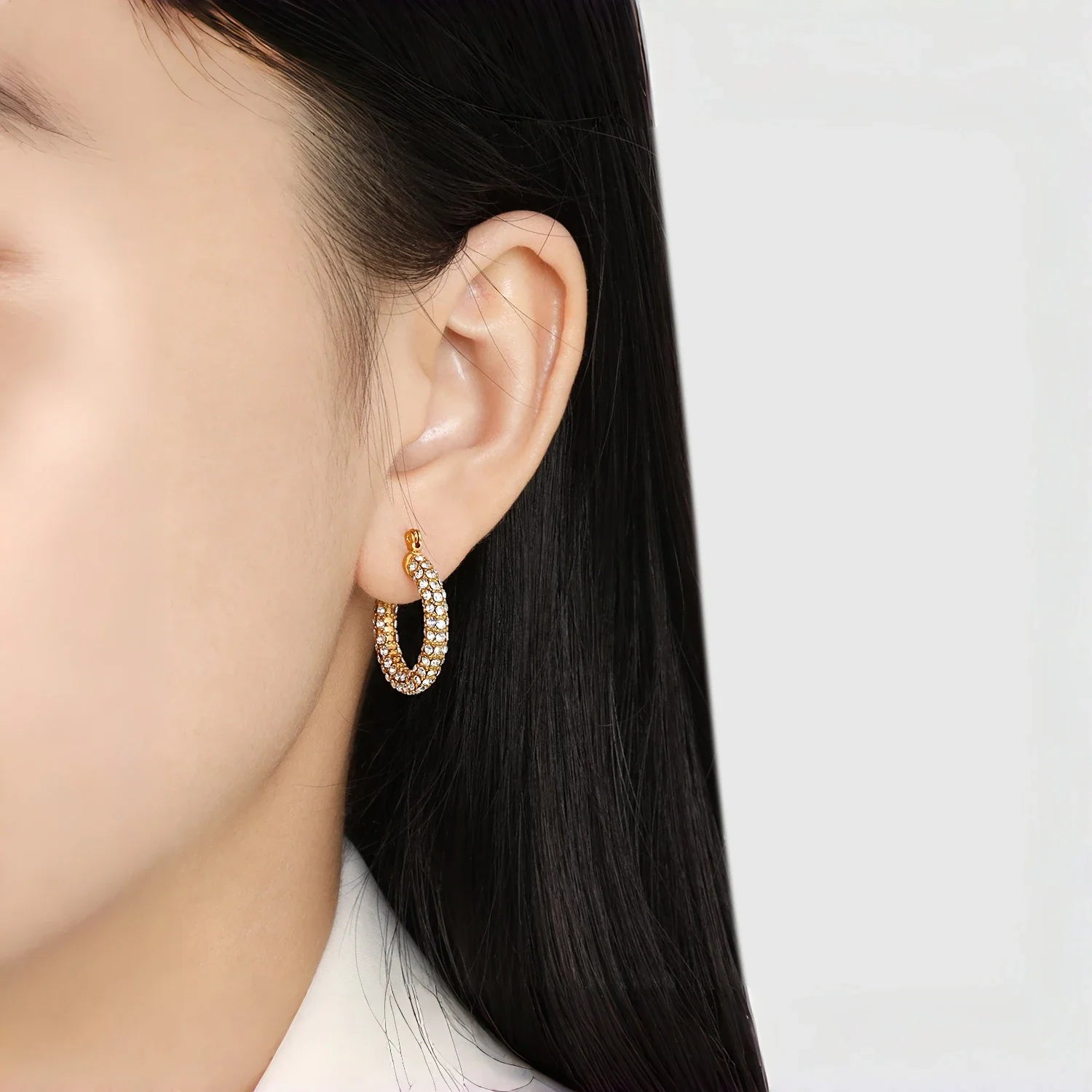 Brincos de argola clássicos franceses, aço inoxidável banhado a ouro 18K CZ completo, joias de festa de luxo elegantes para mulheres hipoalergênicas