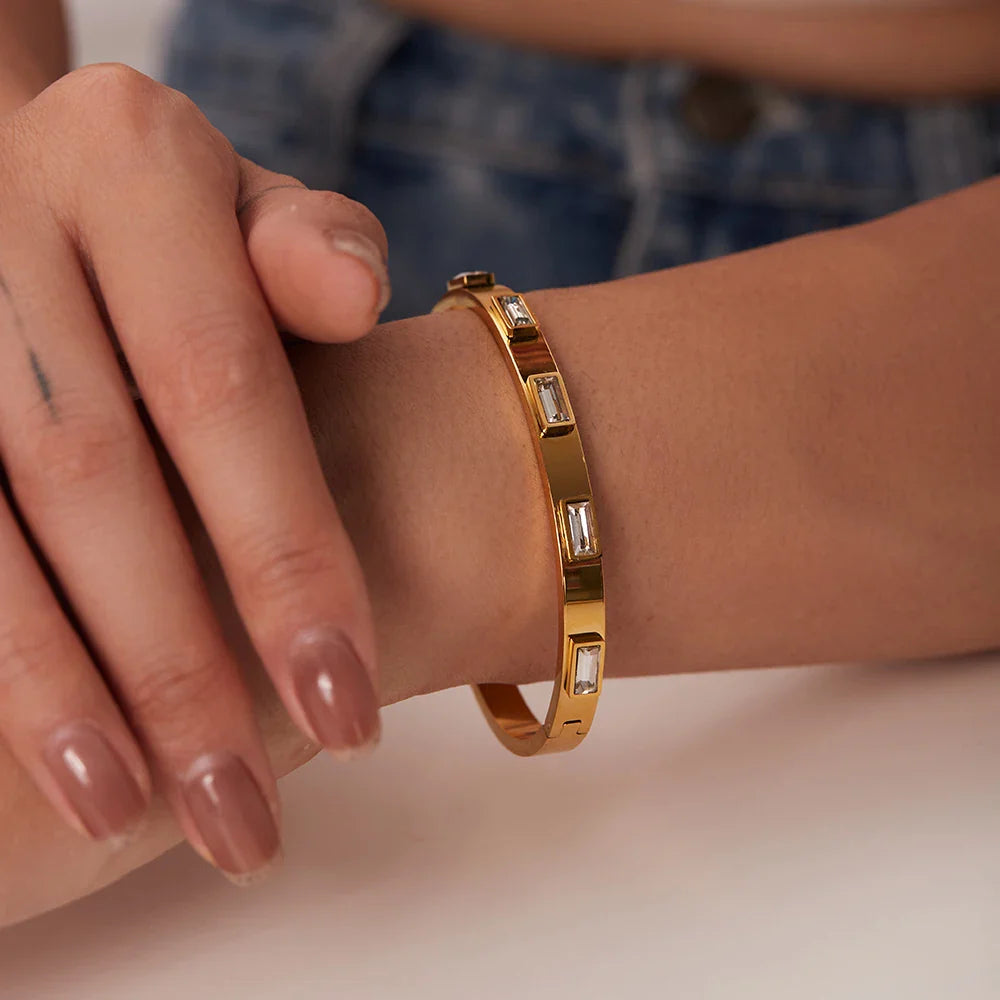 Youthway-Zircônia Cúbica Pulseira de Aço Inoxidável para Mulheres, Não Ajustável, Luxo Requintado Presente Jóias, Verde e Branco