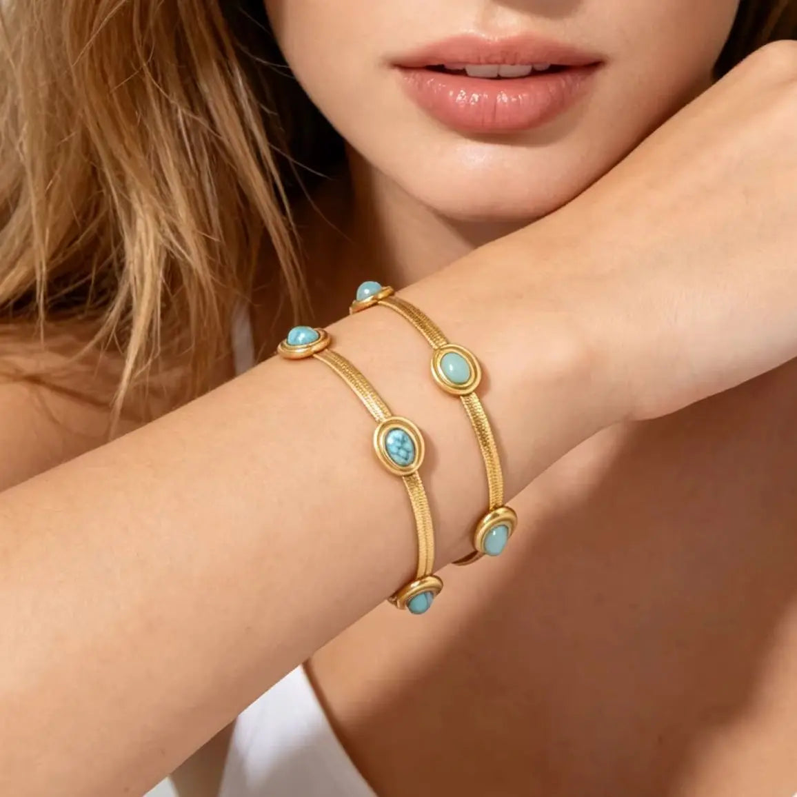 Colar e Pulseira de Aço Inoxidável com Pingente de Pedra Natural para Mulheres, Novo Conjunto de Joias à Prova d'Água da Moda, Presente