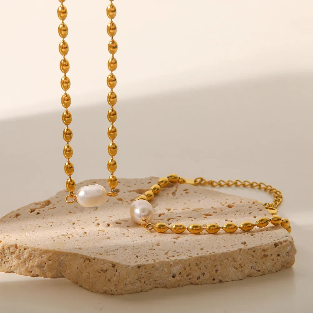 Youthway natural de água doce pérola pulseira colar conjunto aço inoxidável pvd banhado a ouro 18k jóias à prova dwaterproof água para mulher