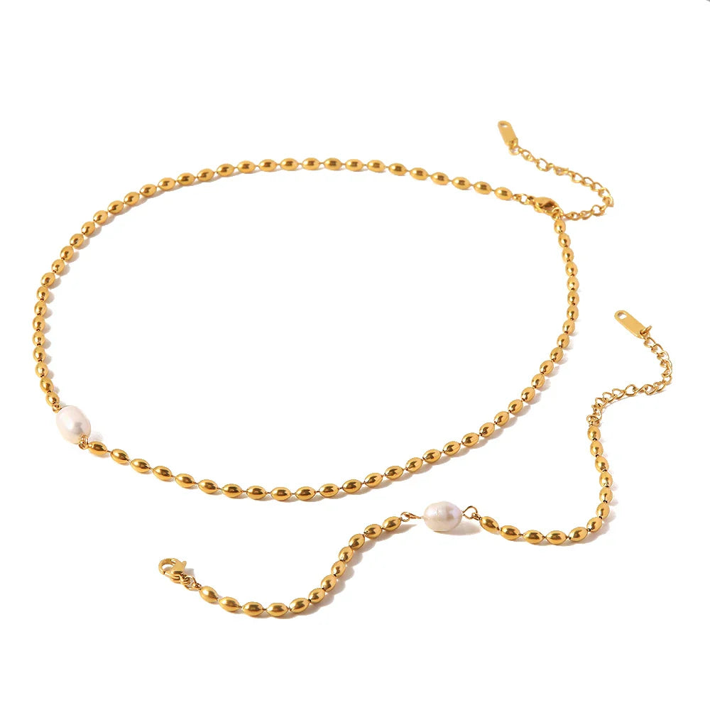 Youthway natural de água doce pérola pulseira colar conjunto aço inoxidável pvd banhado a ouro 18k jóias à prova dwaterproof água para mulher