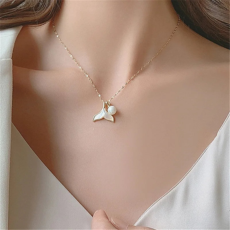Tarnish Free Shell Mermaid Tail Pearl Colar Pingente para Mulheres e Meninas, Gargantilha de Aço Inoxidável, Presentes Jóias