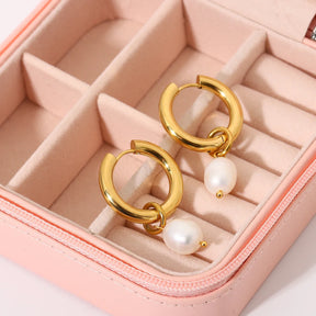 18k banhado a ouro de aço inoxidável de água doce pérola pingente huggie brincos para festa feminino jóias acessórios
