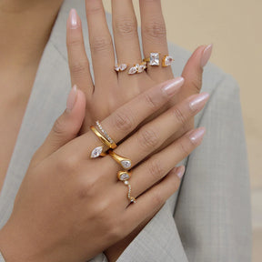 Youthway Anéis abertos de cristal de zircônia com gota de água para mulheres, minimalistas, banhados a ouro 18k, anéis de aço inoxidável, joias da moda, presente