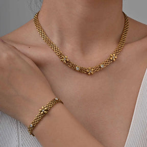 Colar de Corrente de Malha para Mulheres, Colar Choker de Flor Margarida com Zircônia Branca, Joia de Aço Inoxidável Anti-Manchas