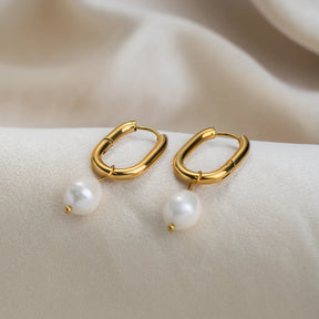 Brinco de Argola Geométrico Elegante c.citybeauty em Aço Inoxidável com Pingente de Pérola Natural para Mulheres, Joia Banhada a Ouro 18K, Presente
