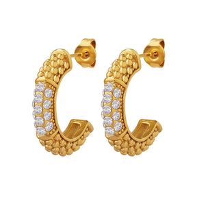 Brincos de aço de titânio com zircônia incrustada estilo francês para mulheres, aço inoxidável polido fino banhado com brinco de ouro 18K