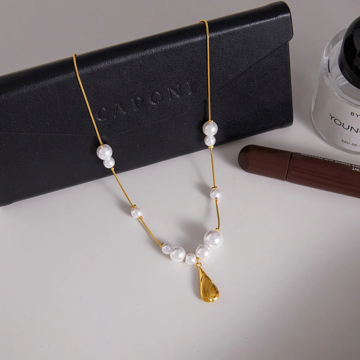 Youthway gota de água pingente imitação pérola colar para mulher 18k banhado a ouro colar de aço inoxidável simples moda jóias