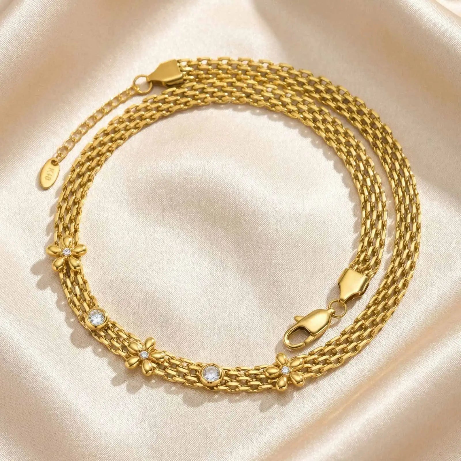 Colar de Corrente de Malha para Mulheres, Colar Choker de Flor Margarida com Zircônia Branca, Joia de Aço Inoxidável Anti-Manchas