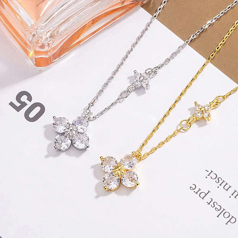 925 prata esterlina delicado sorte cz folha colar para mulher 14k banhado a ouro flores elegante pingente colar jóias de casamento