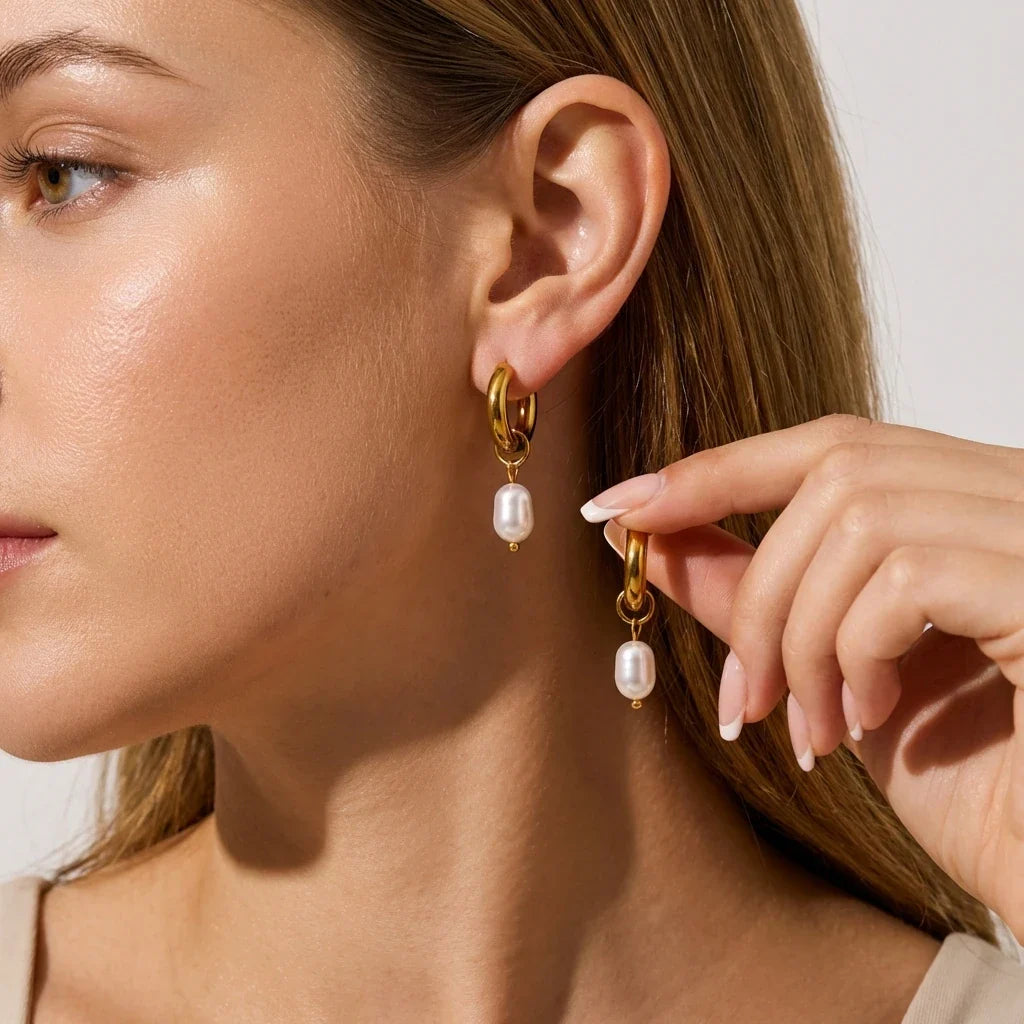 Brincos de Argola com Pérolas em Aço Inoxidável para Mulheres: Estilo Radiante e Ousado, Ajuste Perfeito, Joia Chique para o Dia a Dia – Presente Ideal