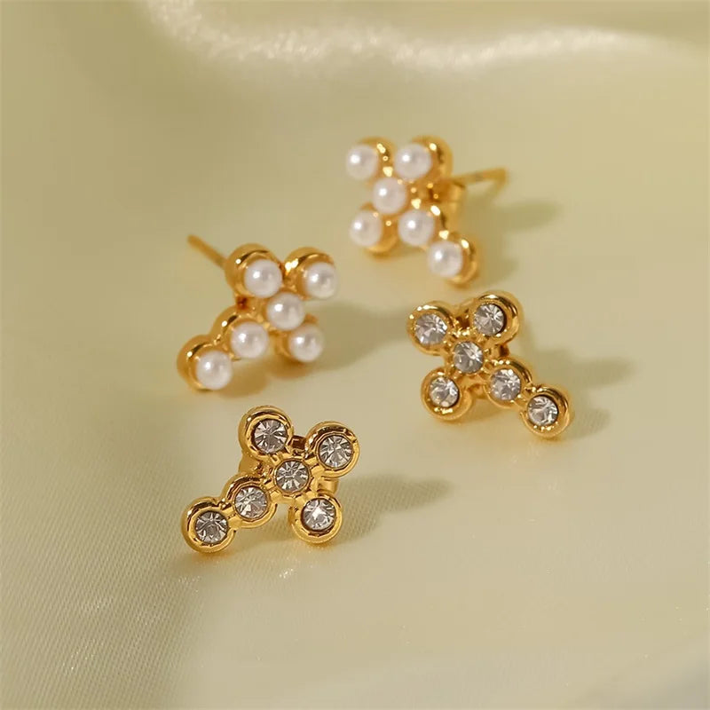 Youthway delicado pérola zircônia cúbica brincos forma cruz vintage clássico charme jóias douradas para mulher à prova dwaterproof água