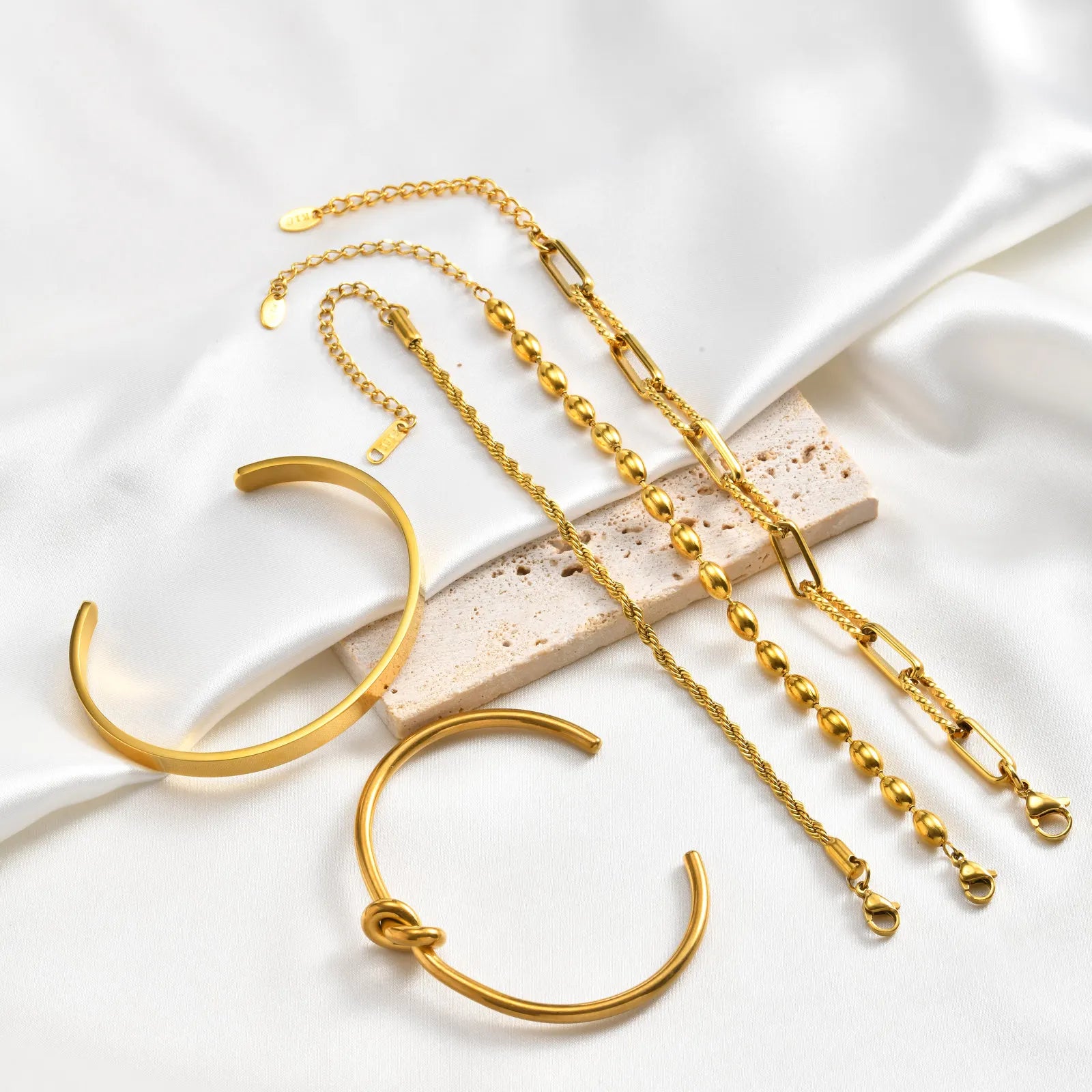 Pulseira de Aço Inoxidável, Corrente Grossa com Fecho T, Bracelete de Malha Oval com Contas, Joia Feminina à Prova d'Água de Camada Única