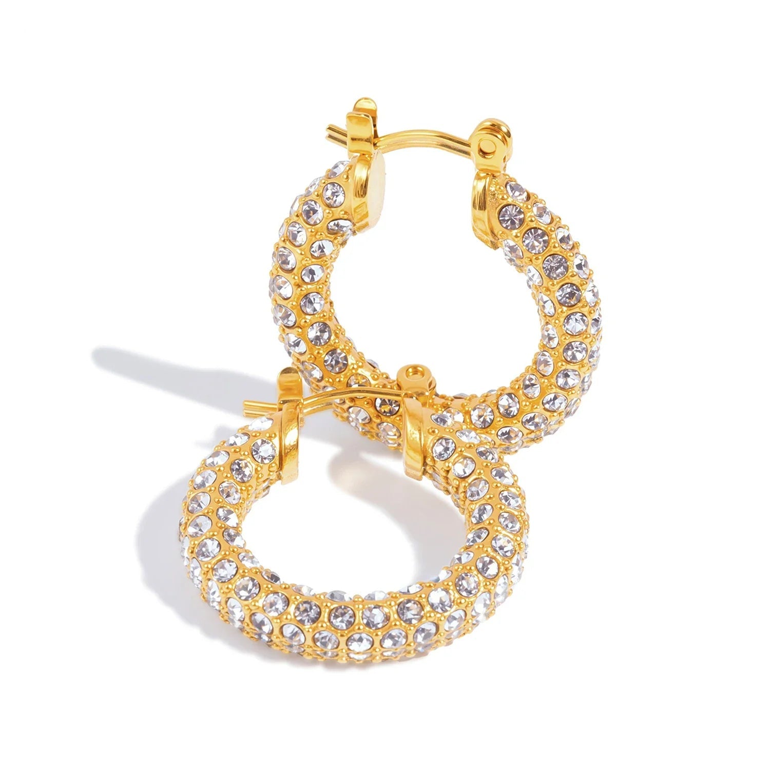 Brincos de argola clássicos franceses, aço inoxidável banhado a ouro 18K CZ completo, joias de festa de luxo elegantes para mulheres hipoalergênicas