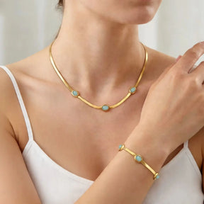 Colar e Pulseira de Aço Inoxidável com Pingente de Pedra Natural para Mulheres, Novo Conjunto de Joias à Prova d'Água da Moda, Presente
