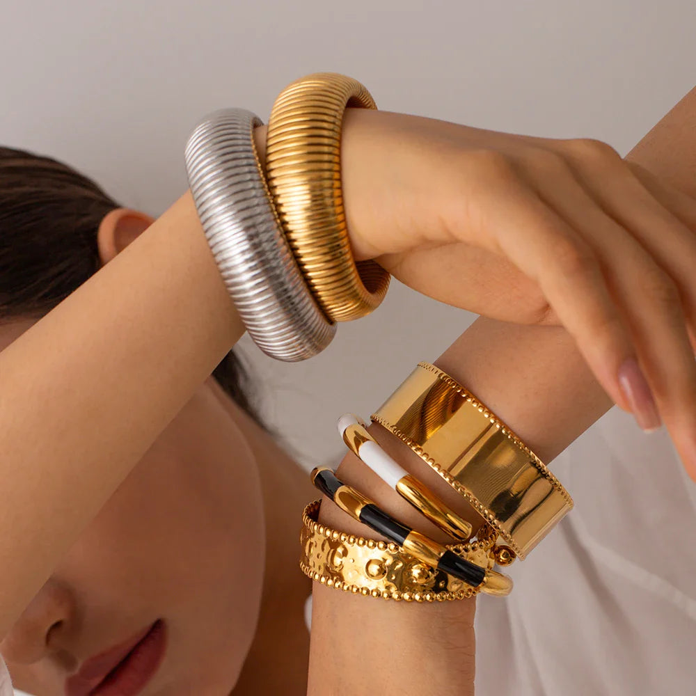 Youthway aço inoxidável simples moda dourada prata cor listra vertical exagerada pulseira à prova dwaterproof água feminino jóias presente