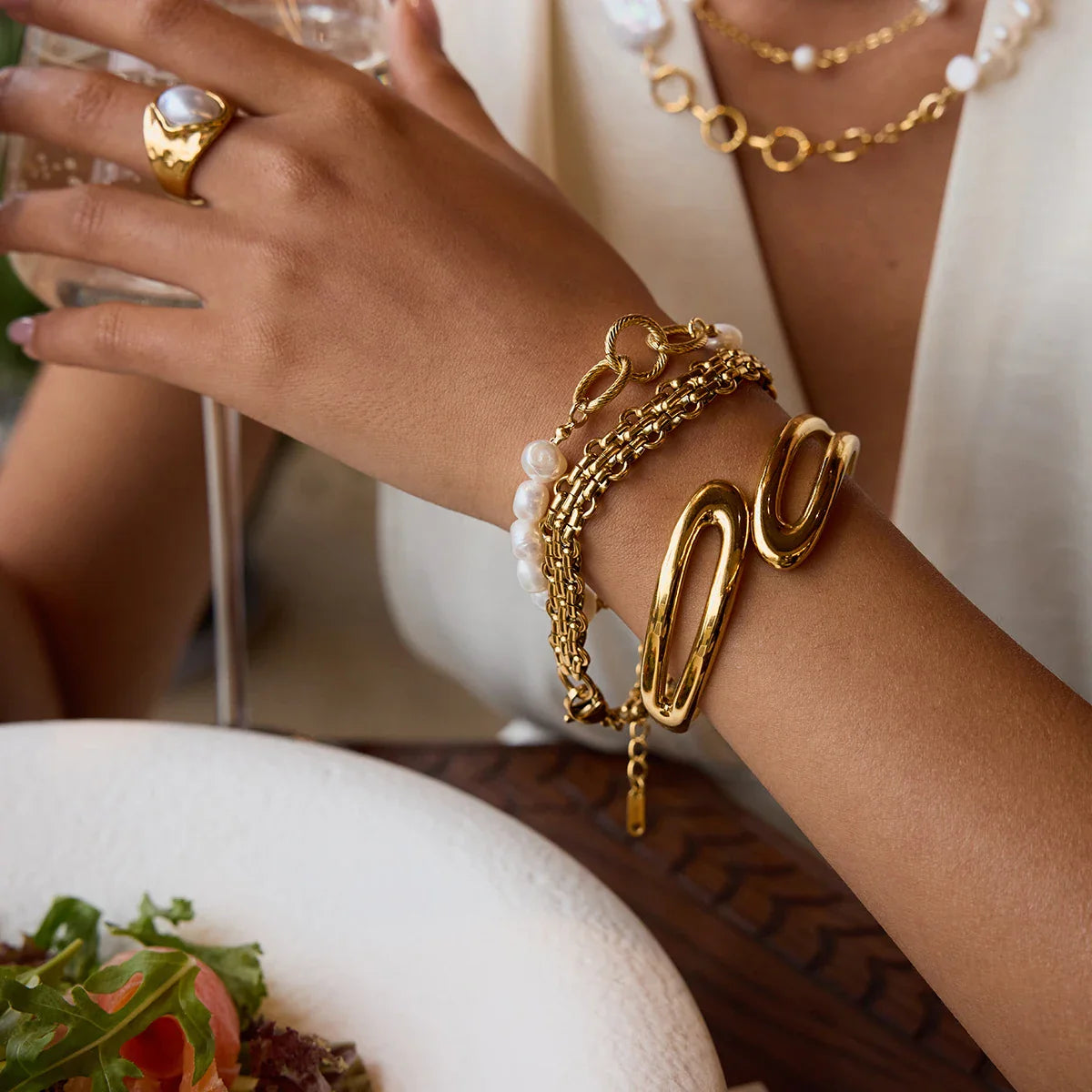 Youthway pérola de água doce rosqueada corrente pulseira pulseira de aço inoxidável jóias de pulso luxo elegante pérolas pulseira