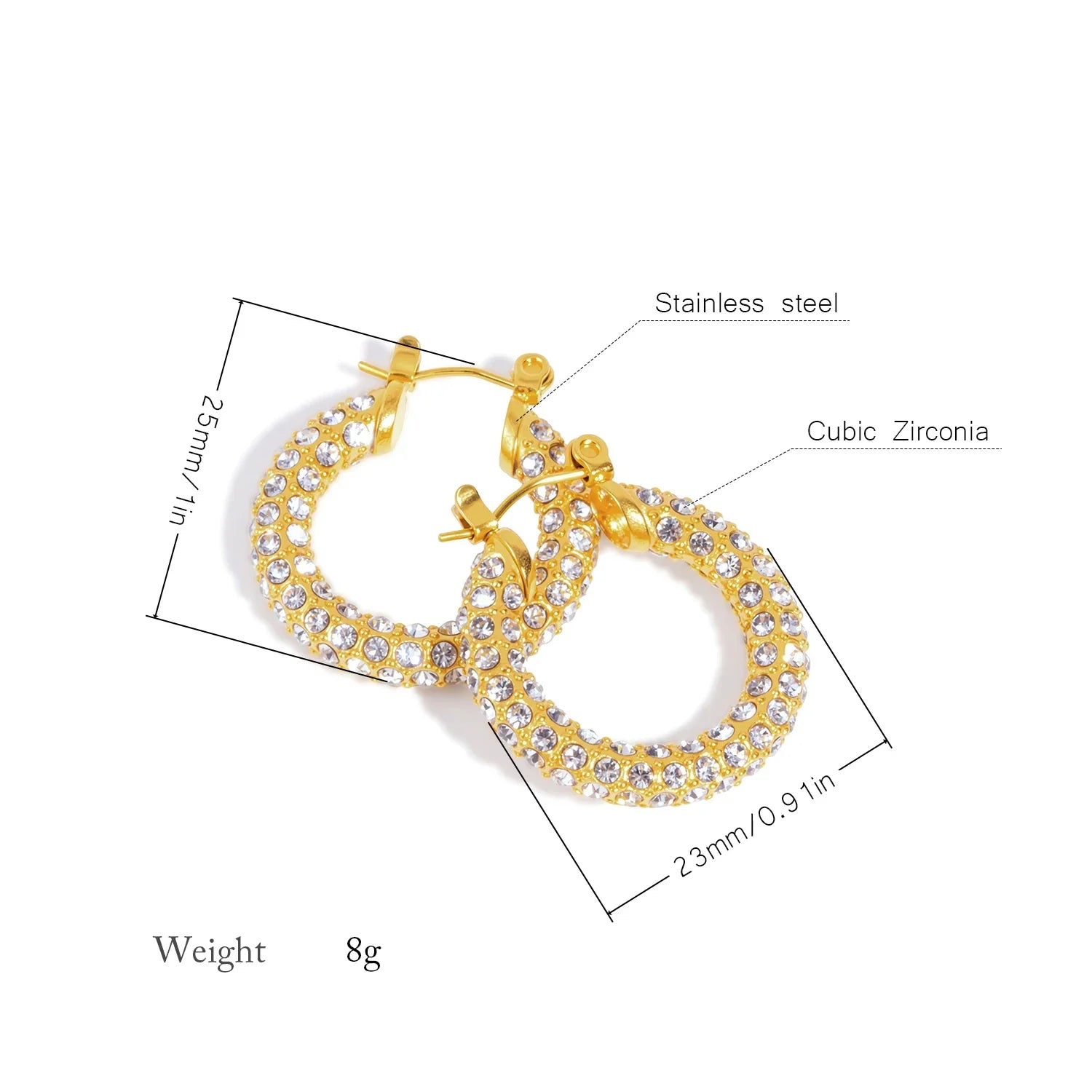 Brincos de argola clássicos franceses, aço inoxidável banhado a ouro 18K CZ completo, joias de festa de luxo elegantes para mulheres hipoalergênicas