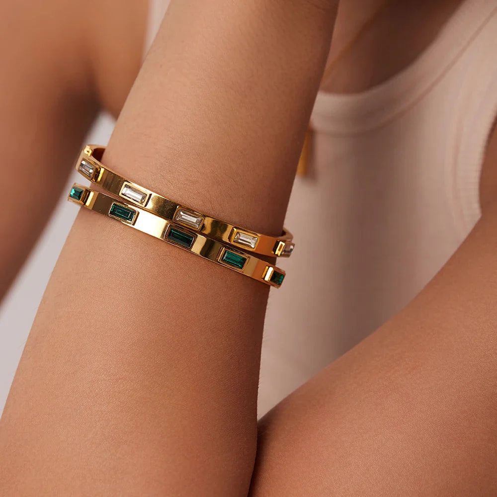 Youthway-Zircônia Cúbica Pulseira de Aço Inoxidável para Mulheres, Não Ajustável, Luxo Requintado Presente Jóias, Verde e Branco
