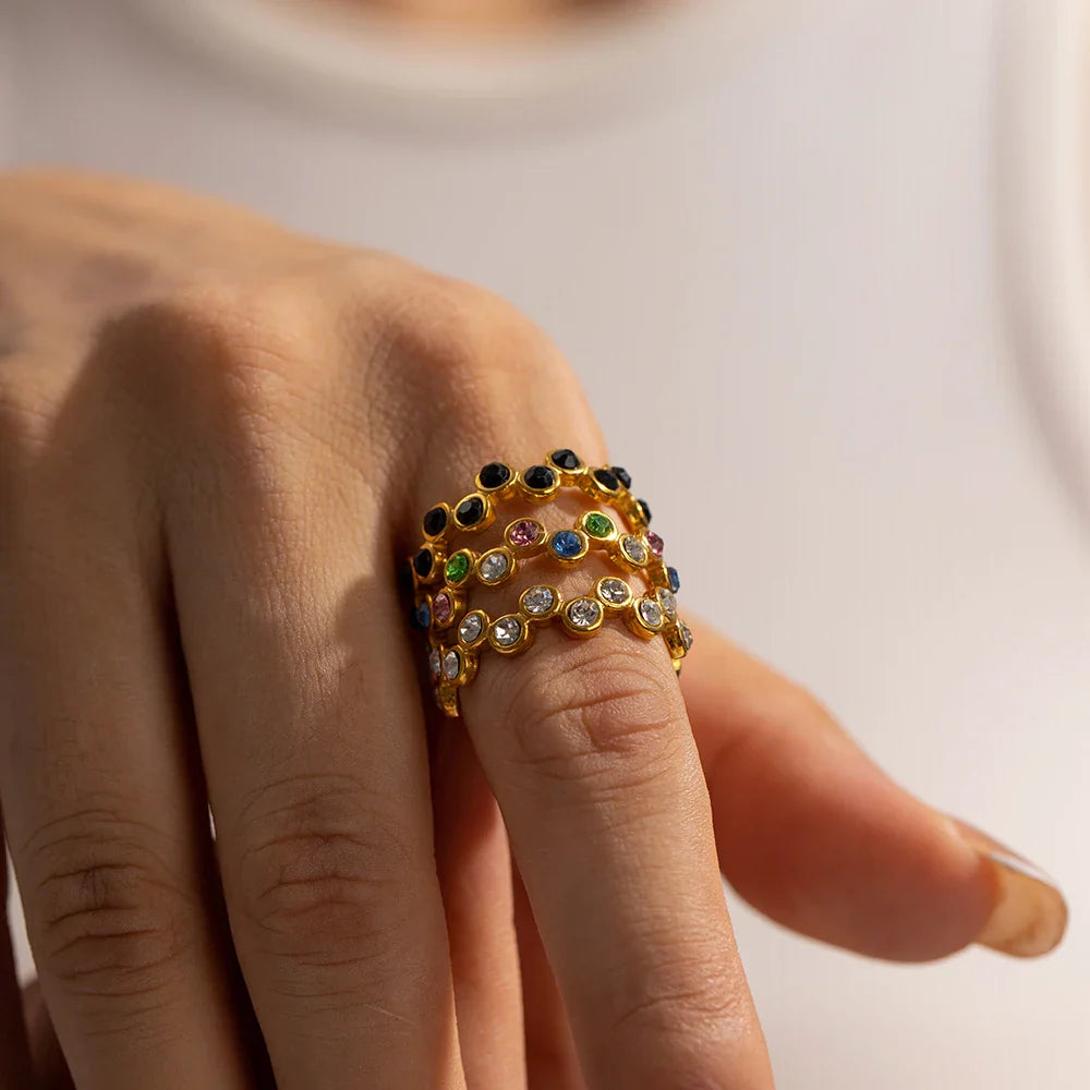Youthway aço inoxidável multicolorido zircônia cúbica escalonado anel aberto design simples 18k banhado a ouro jóias vintage 2023