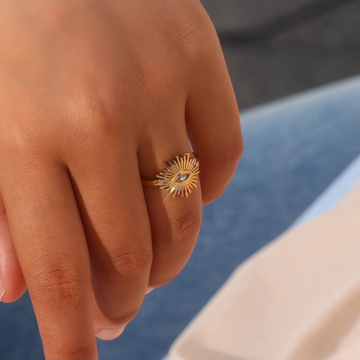 Anel de olho do diabo com abertura ajustável em aço inoxidável incrustado com zircão banhado a ouro 18K, joias de anel personalizadas