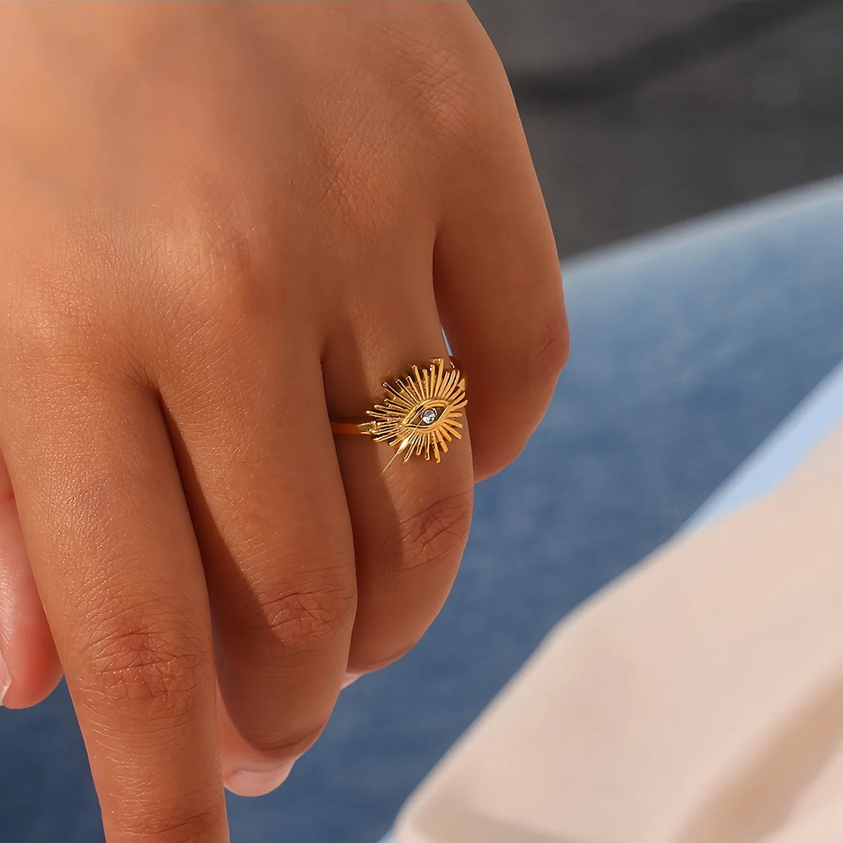 Anel de olho do diabo com abertura ajustável em aço inoxidável incrustado com zircão banhado a ouro 18K, joias de anel personalizadas