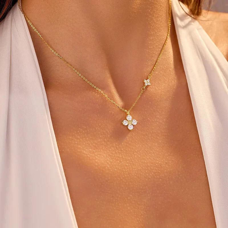 925 prata esterlina delicado sorte cz folha colar para mulher 14k banhado a ouro flores elegante pingente colar jóias de casamento