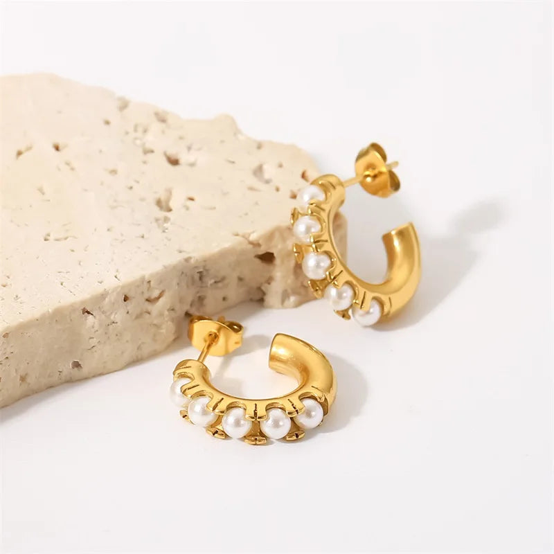 Youthway aço inoxidável pérolas em forma de c orelha studs 18k pvd banhado a ouro manchar livre texturizado occident jóias feminino presente 2022